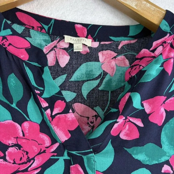Talbots Women’s Navy/Pink‎ Floral Split Neck Long Sleeve Blouse Size Large - Picture 4 of 7